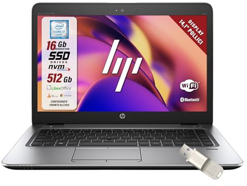 HP Elitebook, Pc Portatile Notebook, intel i7-6600u 2 Core 2.6 Ghz, Ram 16Gb SSD 512GB, display 14 HD, Pronto all'uso con Pacchetto Libre Office e Chiavetta USB FIngerPrint (Ricondizionato)