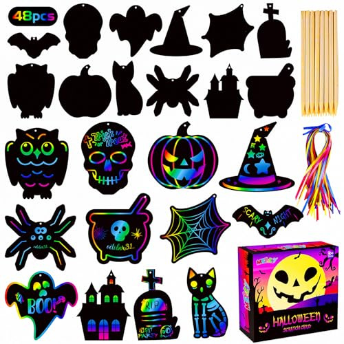 MGparty Scratch Paper Craft for Kids - 48 Pcs Halloween Magic Rainbow Scratch Paper Off Cards Set for Kids Crafts Arts Supplies Halloween Ornaments Party Games Birthday Gifts