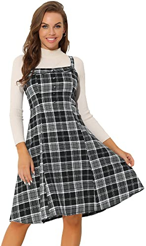 Allegra K Damhängselklänning, ärmlös, hängslen, knappdekor, vintage, rutig, elegant, hängselklänning, klänning, svart, M