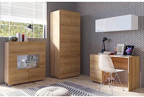 Lomadox Jugendzimmer Möbel Set in Eiche Gold Nb. und weiß Hochglanz mit LED Beleuchtung