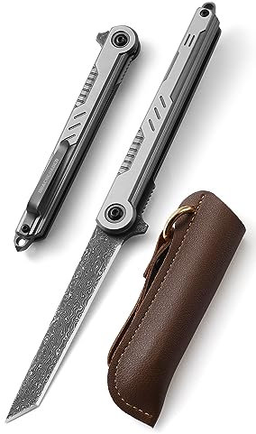 DRACHENADER Couteau pliant outil Tanto en acier damas - Avec étui en cuir et clip, léger et mince pour usage quotidien