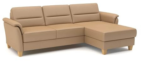 CAVADORE Leder-Ecksofa Palera mit Longchair / Landhaus-Couch mit Federkern + massiven Holzfüßen / 244 x 89 x 163 / Leder Beige
