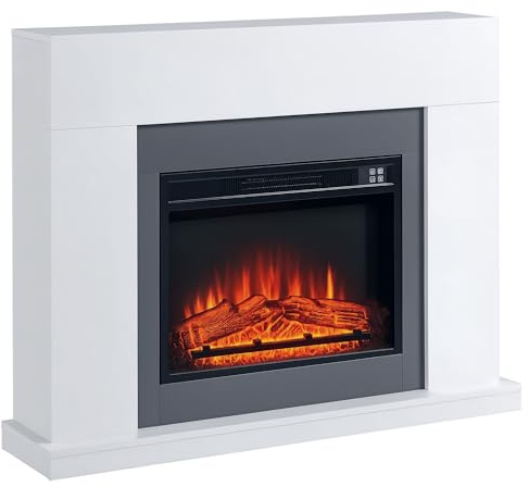 HOMCOM Elektrokamin mit Heizung, elektrischer Kamin mit LED Flammeneffekt und 3 Helligkeiten 2000W Dekokamin mit Einstellbarer Thermostat elektrisch Kaminfeuer mit Fernbedienung Weiß