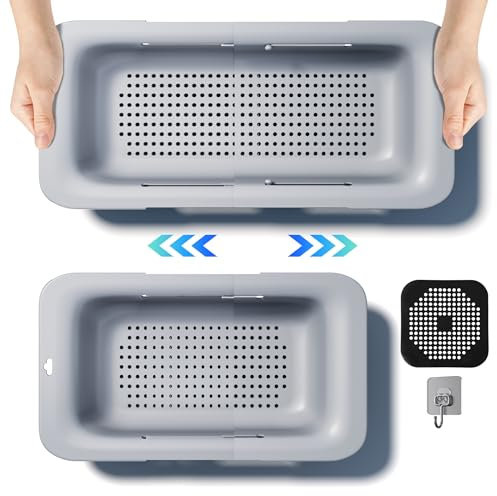 DEUXYU Spülbecken Sieb Küche, Ausziehbare abtropfsieb 34-48cm, Kunststoff Küchensieb BPA Frei, Nudelsieb, Gemüse Obst zu waschen, Ein must-have Küchenutensilien, Haushalt Sieb für Spülbecken