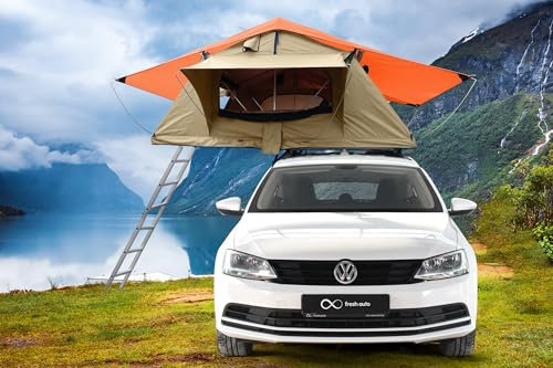 Dachzelt, Dachzelt Auto für 2-3 Personen, Tentbox Kompatibel mit Allen Fahrzeugtype, Autodachzelt inkl 240 x 140 Matratze, KFZ Softcover Klappdachzelt Auto,Teleskopleiter bis 2,1m.