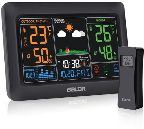 Wetterstation Funk mit Außensensor,Digital Farbdisplay DCF Funkuhr, Innen und Außen Thermometer Hygrometer,Funkwetterstation mit Wettervorhersage, Barometer und Mondphase, Netzteil, Schwarz