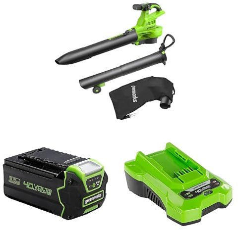 40V Akku Laubsauger/Laubbläser von Greenworks mit bürstenlosem Motor, 370 km/h, 14.17 m³/min, 45L Fangsack, 3 Jahre Garantie mit 40V 5Ah Lithium-Ionen-Akku & 2A Ladegerät
