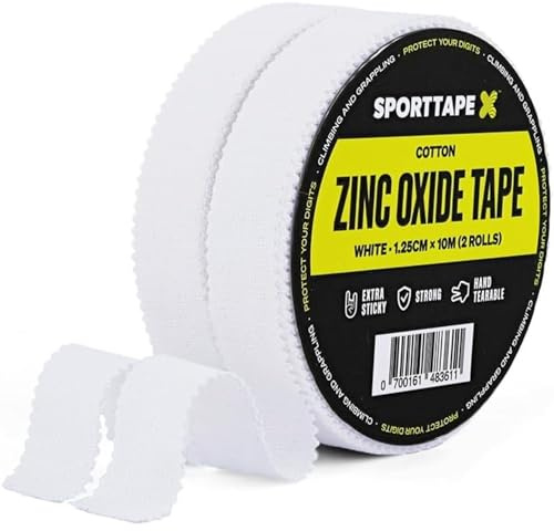 SPORTTAPE 2 Rolls (20m) Zinc Oxide Finger Tape - 1.25cm Wide - White | Sports Tape for Climbing, BJJ, Rugby, Weightlifting & Injury Strapping | Strong Adhesive Athletic Joint Support, Blisters & Toe