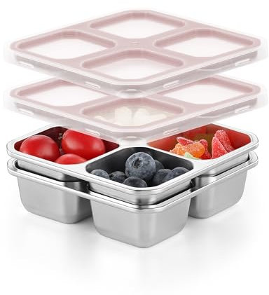 Misichao Scatole per snack in acciaio inox con 4 scomparti, riutilizzabili, piccole scatole per il pranzo Bento, per bambini e adulti, contenitori divisi per la preparazione dei pasti per scuola