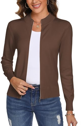Aottori Cárdigan de Punto con Cremallera para Mujer,Chaqueta de Punto Sueter Manga Larga Abrigo Suéter Rebeca Chaqueta de Jerseis Marrón-1 M