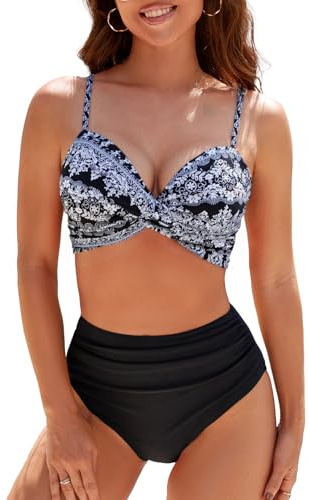 Adigaber Traje de Baño Tallas Grandes para Mujer Estampado Floral Cuello en V Dos Piezas Conjunto Bañador Control de Vientre de Cintura Alta Bikini