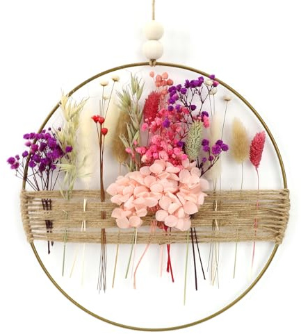 Qivra Ghirlanda di fiori secchi, 25 x 25 cm, decorazione fai da te naturale, ghirlanda di fiori secchi, ghirlanda primaverile estiva, decorazione per la casa, decorazione per la porta