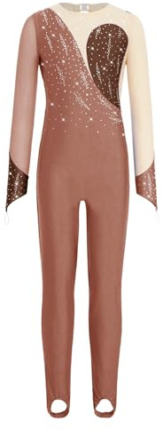 inhzoy Body da Pattinaggio Artistico Bambina Tuta Intera da Ginnastica Ritmica Manica Lunga Body Danza Classica Moderna con Strass Jumpsuit Sportiva da Allenamento Marrone 11-12 anni