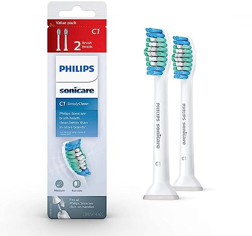 Philips Sonicare C1 SimplyClean - Genuine Replacement Electric Toothbrush Heads, White, 2 Pack, HX6012/04