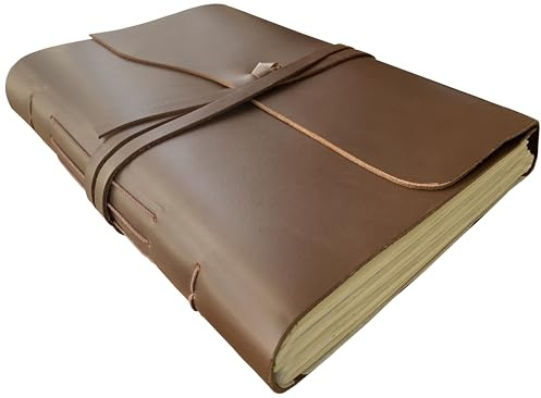 Rustic Town Full Grain Leather Photo Album with Gift Box - Scrapbook Style Pages (Large, Brown)
