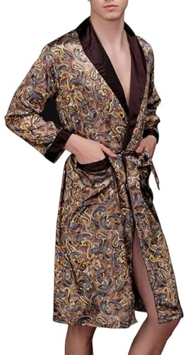 Lavenderi Mens Silky Satin Lounge Robe, Long Lightweight Sleepwear WF020-Taupe-M