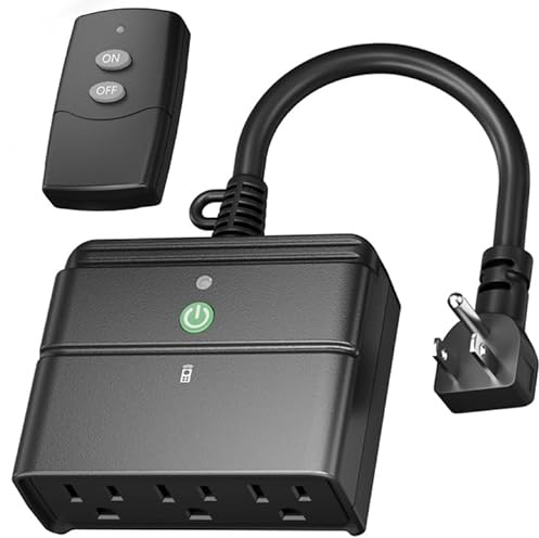 BN-LINK Outdoor Indoor Wireless Remote Control 3-Prong Outlet Weather Proof Heavy Duty 15 AMP Compact (Black) 3 Grounded Outlets with Remote 6-inch Cord 100ft Range ETL Listed