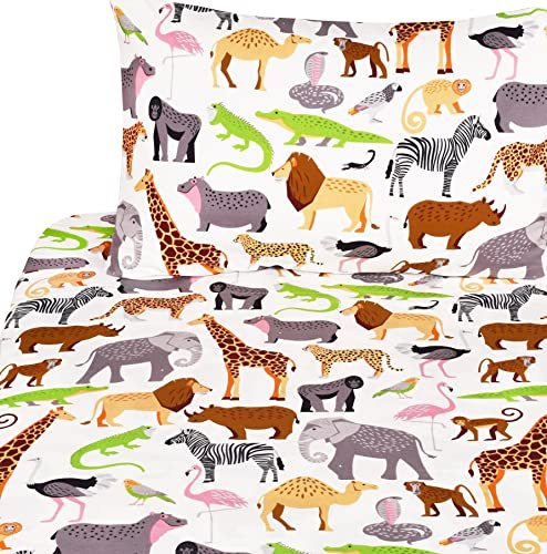 J-pinno Jungle Animals Leopard Ostrich Crocodile Snake Twin Sheet Set Kids Boys Bedroom Decoration Gift, 100% Cotton, Flat Sheet + Fitted Sheet + Pillowcase Bedding Set (15, Twin)