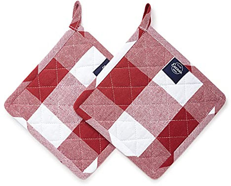 Encasa XO 21 cm Maniques pour Four à Micro-Ondes (Set de 2 pièces) pour la Cuisine - Résistant à la Chaleur, Protection des Mains Contre Les ustensiles - Carreaux Rouges Buffle