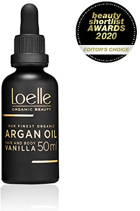 Loelle - Aceite de Argán con Olor y Extracto de Vainilla, Aceite Antiarrugas de Mano, Cara y Pelo, Aceite Corporal Orgánico y Fragante con Vit. E, Aceite de Barba, Colecta Manual en Marruecos 50ml