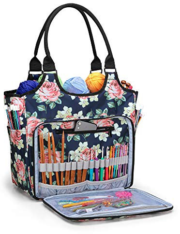 Yarwo Stricktasche zur Aufbewahrung von Wolle, Tasche für Wolle, Aufbewahrungstasche für Häkelnadeln Sets und Stricken Zubehör, Blaue Pfingstrosen(PATENT ANGEMELDET)