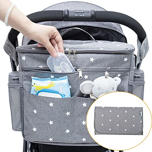 Orzbow Kinderwagen Organizer Groß,22 L Großer Wickeltasche Organizer mit Getränkehaltern, Schulterriemen,2 Haken und Tragbare Wickelunterlage für Unterwegs Handtasche & Schultertaschen (Grau)