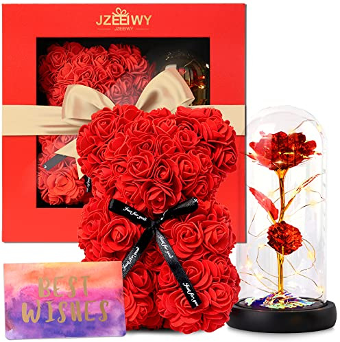 JZEEIWY Flower Rose Bear for Mom,Perfect Birthday Romantic Gift for Wife Daughter Girlfriend Friend Her,Light up Rose in Glass Dome for Birthday Anniversary Mothers Day Valentines Day