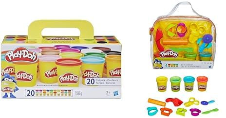Play-Doh Starter Set mit 9 Werkzeugen und 4 Dosen Knete, Kreativset für unterwegs & A7924EUC Super Farbenset (20er Pack), Knete für fantasievolles und kreatives Spielen