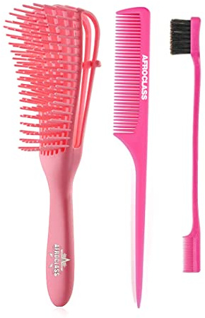 Kit Brosse Démêlante Enfant 3 Pièces Rose – AFROCLASS | Brosse Baby Hair + Peigne à Queue | Cheveux Afro, Crépus, Bouclés, Ondulés, Mouillés | Doux et Sans Douleur