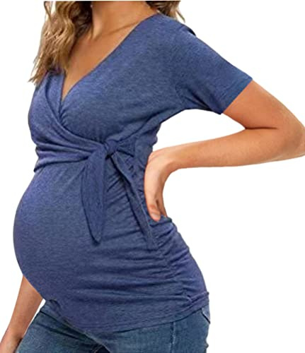 Tomwell T-Shirts de Grossesse Femme T-Shirt de Maternité pour l'allaitement Maternel Double Couche Tops Rayures Haut Chemisier T-Shirt E Bleu XS