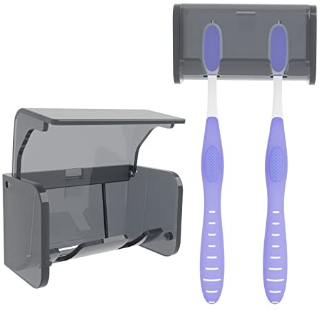 Toothbrush Holder Wall Mounted with Cover for Bathroom, 2 Slots Toothbrush Storage Organizer for Shower, Self Adhesive Toothbrush Hanger Rack for Dorm, Cabinet (Grey)