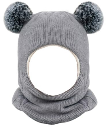 Riisoyu Kleinkind Baby SchalMütze warm Niedlich, Babymütze Strickmütze mit Bommel Samtfutter Kinder 2 in 1 Wintermütze mit Samtfutter Earflap Mütze für Baby 2-7 Jahre
