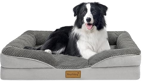 Nepfaivy Large Dog Bed Sofa - Washable Orthopedic Dog Beds and Couch with Removable Covers, Pet Sofa with U-Shape Bolster, Dark Grey Square Pet Bed, 91×68×18cm
