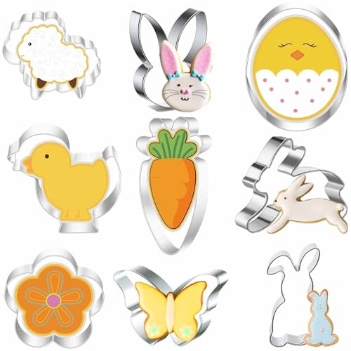 Ausstechformen Ostern, Ausstecher Hase, Keksausstecher Ostern, Ostern Edelstahl Ausstechformen, 9 Stück Ausstecher Ostern Set, Hase, Karotte, Ei, Häschenkopf, Ostergeschenke Kinder