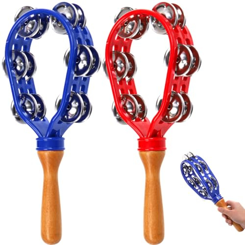 Eorbow 2 Pack 12 Tambourine for Adults, Double Row Metal Jingles Hand Held Tambourine, Plastic Wooden Hand Percussion Instrument, Musical Bells for School Party Church Concerts