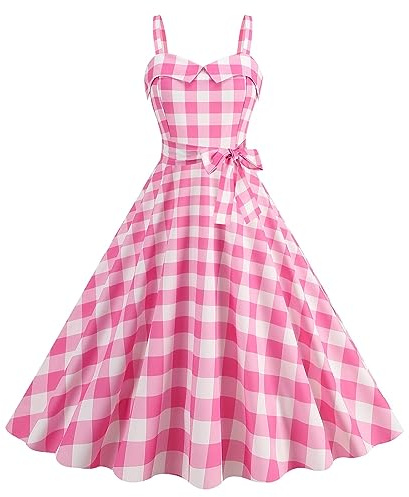 Modaworld Robe Rose à Bretelles Femme Jupe à Carreaux Fête Loisirs Costume Halloween Cosplay Anniversaire Noël Cocktail Élégant Plage Soirée Fête Cocktail Mini Robe