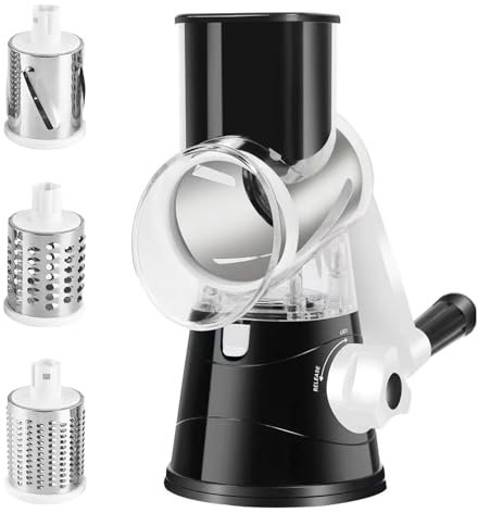 1pcs Graters for Kitchen,Rotary Cheese Grater Efficient Vegetable Slicer with 3 Interchangeable Round Stainless Steel Blades,Easy to Clean Rotary Cheese Grater for Fruit,Vegetables(Black)