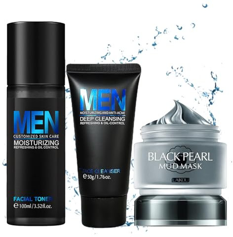 Set per la cura del viso da uomo, per la cura della pelle, anti-invecchiamento, anti-rughe e idratante, regalo per la cura del viso per uomini, set da 3 pezzi, con maschera per la pulizia del toner