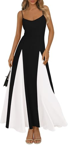 PRETTYGARDEN Spaghetti Strap Backless Summer Dresses for Women 2026 Flowy Maxi Dresses Sleeveless Wedding Guest Dress (Black White, Large)