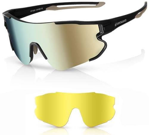 Odoland Occhiali da Ciclismo Polarizzati con Lenti Intercambiabili per Uomo Donna, Occhiali Veloci Occhiali Sportivi Bici Occhiali da Sole UV 400 Occhiali per Mtb Corsa Pesca Guida, Oro