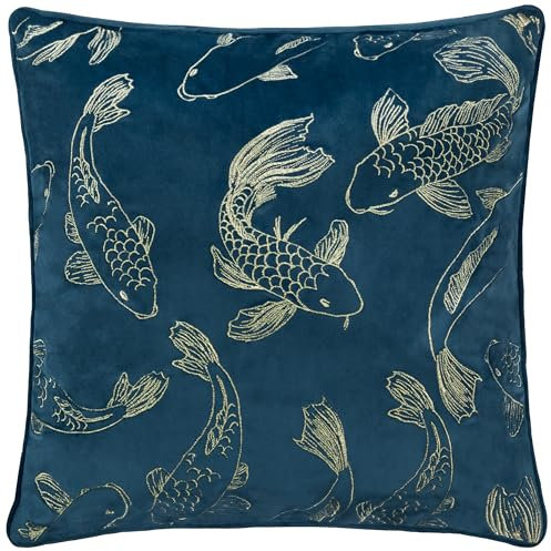Paoletti Funda de cojín de Terciopelo Bordada Koi Pond - Azul Marino - 50x50cm