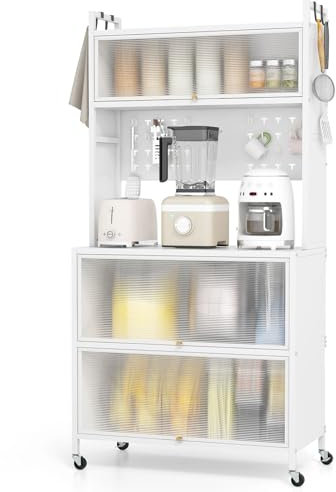 KOMFOTTEU Küchenschrank mit 5/6 Ebenen, Sideboard mit 4 Haken & 10 Dübeln, Buffetschrank mit Arbeitsplatte & Schränken, Küchenbuffet mit 4 Universalrollen (80 x 40 x 160 cm, Weiß)