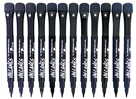 Volcanics Black Pens Whiteboard Markers: 12 Magnetic Erasable Dry Wipe Markers, Fine Tip Whiteboard Pen Dry Erase Marker for Whiteboards