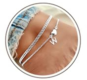 DORANA Anklets for Women Silver Waterproof Initial Anklets with Letter Heart Charm Women Adjustable Ankle Chains Foot Gift for Her Initial Foot Jewelry,W