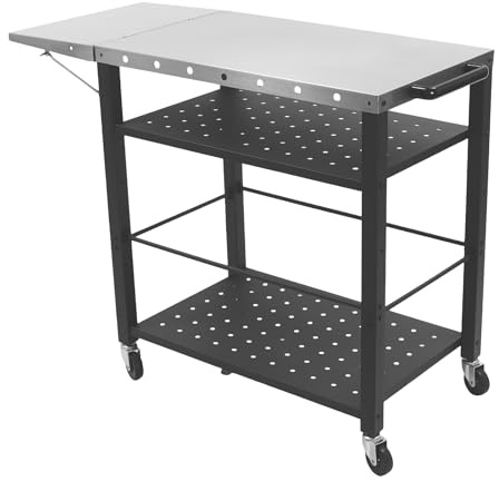 Mermajestic Grillvagn rörlig serveringsvagn, mobil köksvagn med 4 nivåer, 80 x 50 cm arbetsyta, grillbord med hopfällbar platta och 90 kg lastkapacitet, för trädgård, camping och utomhus