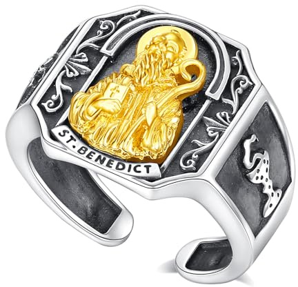 AEONSLOVE Anillo San Benito Plata de Ley 925 para Hombre Mujer Anillos San Benito Ajustables Oro Anillo Abierto Ajustable Joyeria Cristiana Católico Religiosas