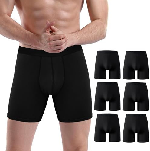 ZAKASA Mens Bamboo Boxers Shorts: Underwear Trunks Long Leg Underpants Men Anti Chafing Boxers Briefs Moisture-Wicking Daily Wear Black M 6 Pack