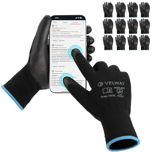 Velway Guanti da Lavoro Touchscreen 12 Paia - Resistenti all'Abrasione Rivestimento in PU Guanti Multiuso per Donna Uomo Giardinaggio Meccanica Montaggio Magazzino Bricolage - Nero Taglia 10/XL