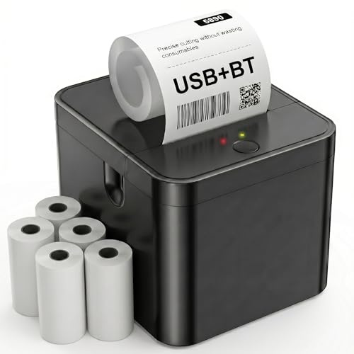 Fuhuihe Imprimante De ReçUs Thermiques De 58 Mm, Imprimante De ReçUs USB Bluetooth Portable, 5 Rouleaux De Papier, Compatible avec iOS/Android/Windows, Noir