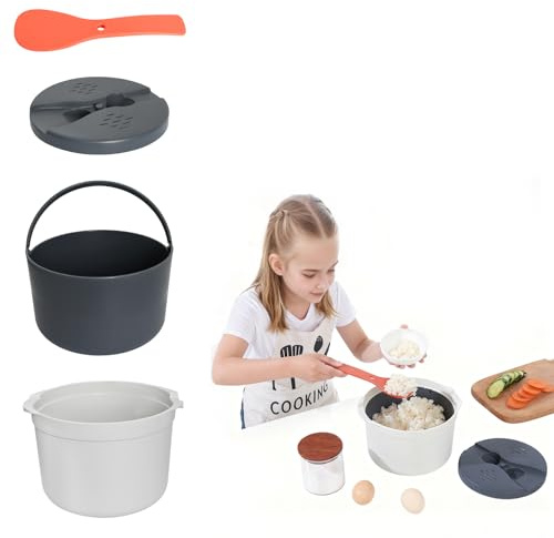 2 L Microwave Rice Cooker High Temperature Vegetables Steamer Microwave oven Steamer Set with Rice Scoop Lid Measuring Cup Strainer and Steaming Pot for Home Office Use